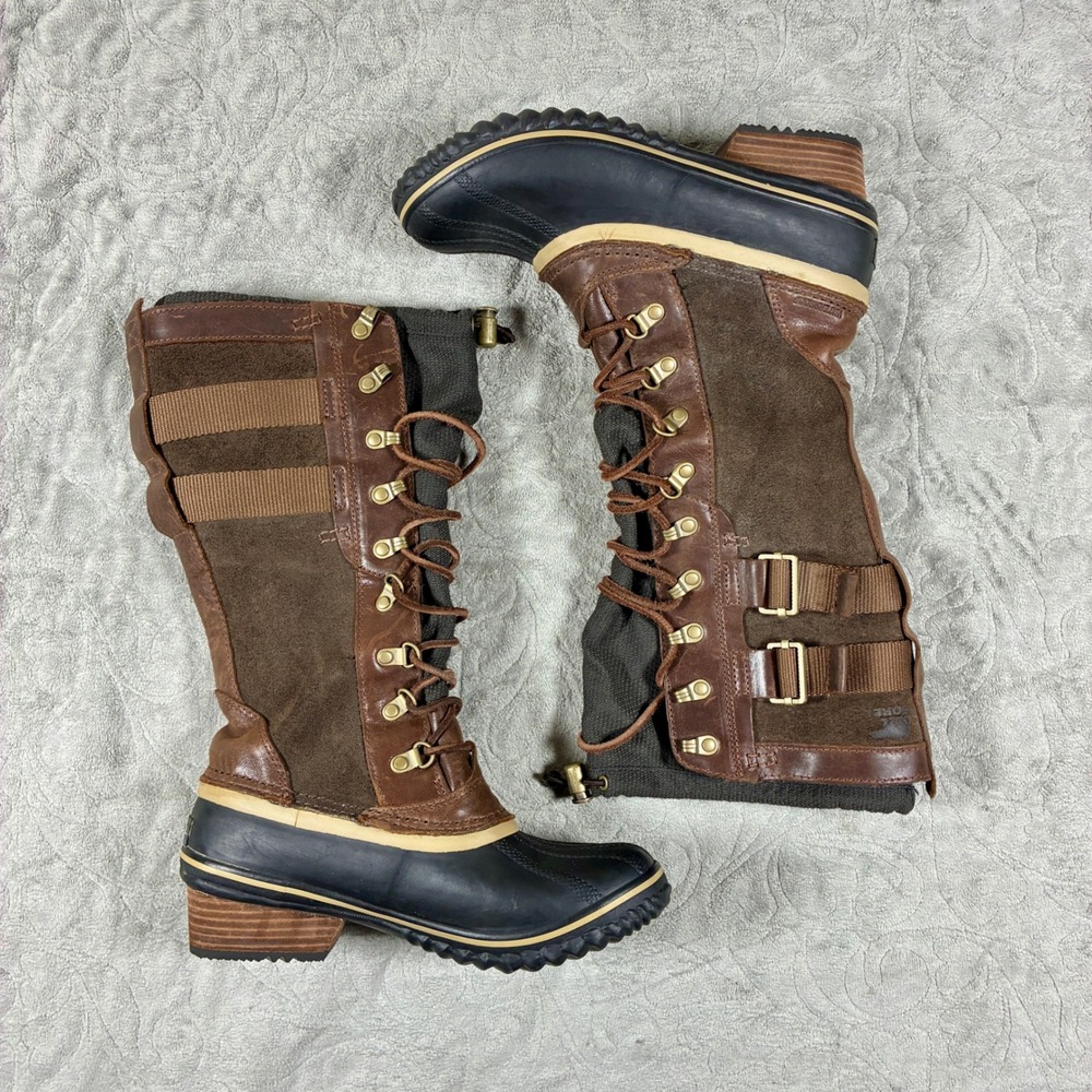 Sorel Womens Conquest Carly Tall Lace Up Waterproof Duck Boots Size 7 Brown